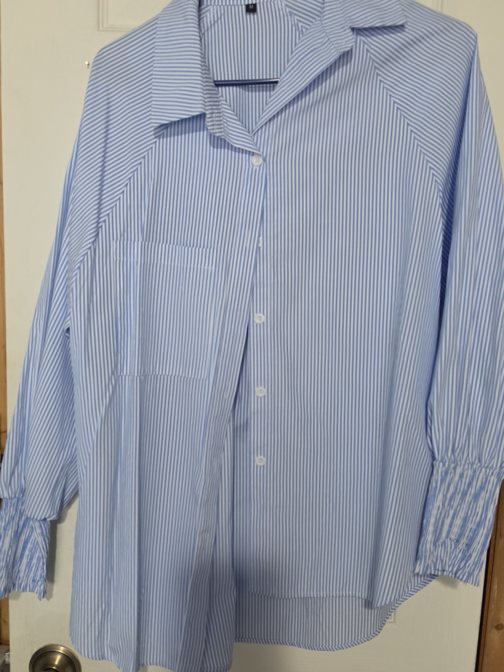 Womens Smocked Cuffed Striped Boyfriend Shirr Casual Collar Long Sleeve Oversize